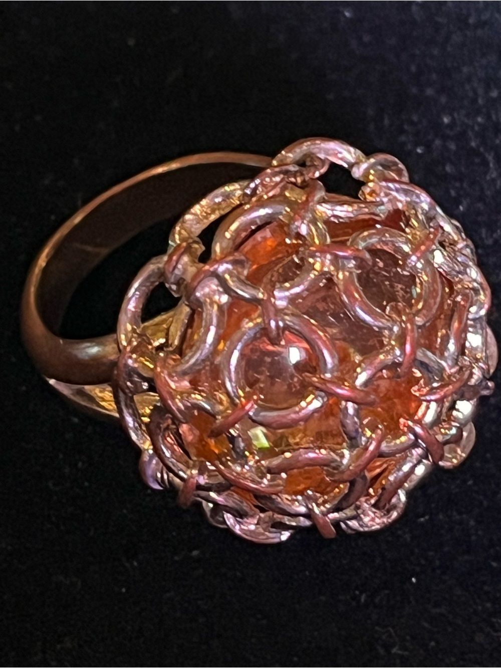 70s Chainmaille Cage Yellow Crystal Dome Cocktail Ring